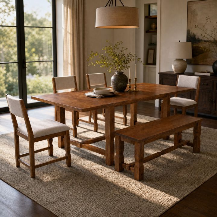 6 Piece Extendable Dining Set with Bench and Chairs solid wood dining set for kitchen dining room, rectangular dining table set with leaves