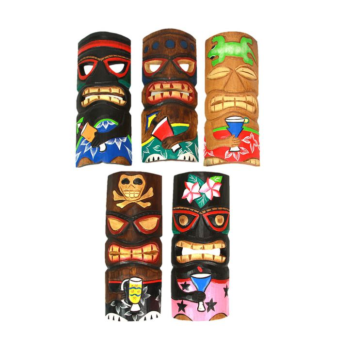 Set Of 5 Polynesian Style Wooden Tiki Masks 10 In