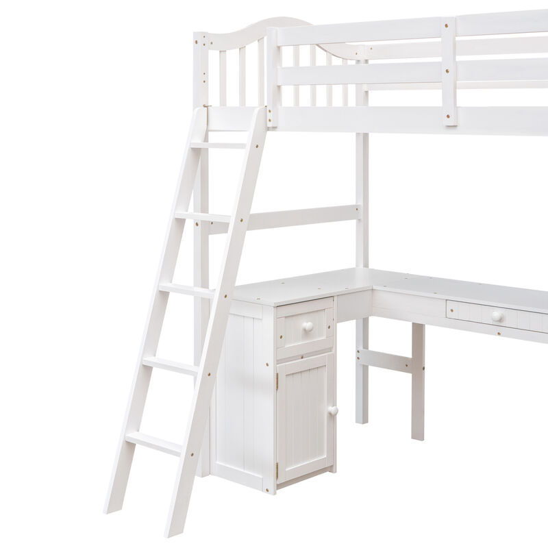 Twin size Loft Bed with Drawers, Cabinet, Shelves and Desk, Wooden Loft Bed with Desk - White image number 5