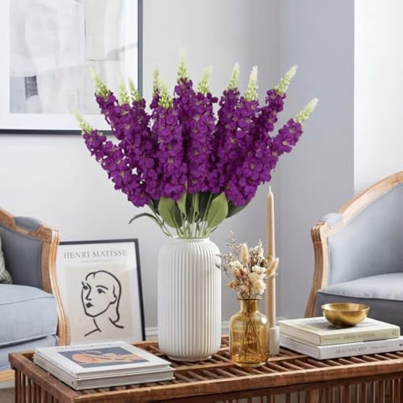 Fuchsia Artificial Delphinium Flower Stems Garden Porch Decor image number 3