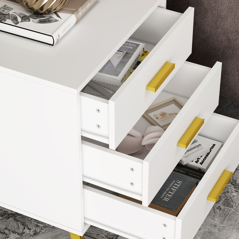 Modern Nightstand with 3 Storage Drawers & Gold Metal Legs, Minimalist and Versatile Bedside Table Sofa End Side Table, White (19.7" W x 15.7" D x 23.6" H)