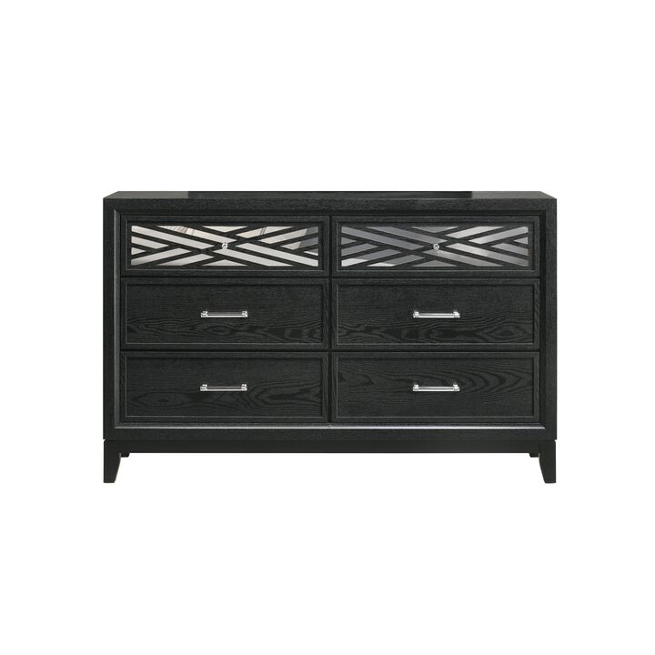 Benjara Kira 58 Inch Wide Dresser, English Dovetail 6 Drawer, Rubberwood, Black, Clear