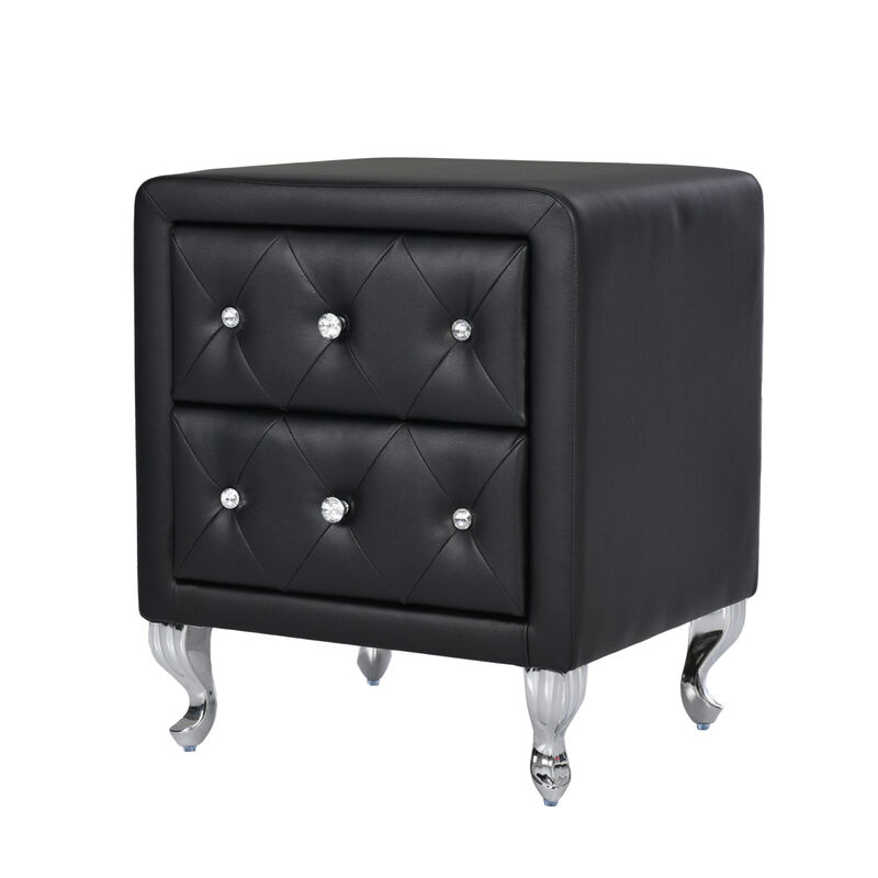 Elegant PU Nightstand with 2 Drawers and Crystal Handle, Fully Assembled Except Legs Handles, Storage Bedside Table with Metal Legs - Black image number 1