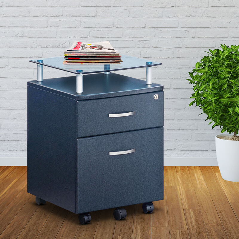 Rolling File Cabinet with Glass Top, Graphite