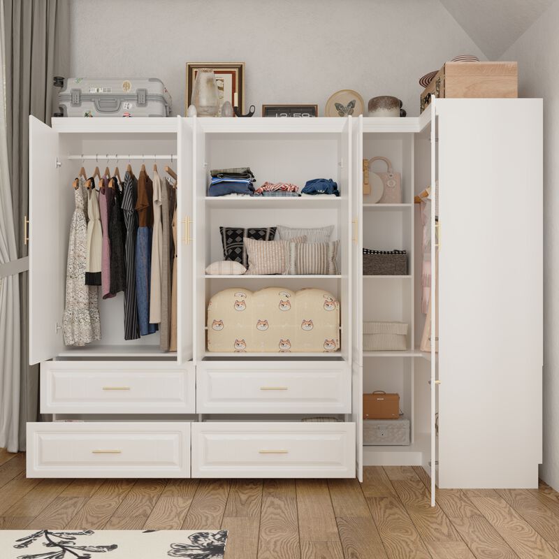 FUFU&GAGA Large Capacity Multifunctional Wardrobe with Concealed Storage, 6 Doors and 4 Drawers with Hanging Rod, (98.4 in. W x 20.6 in. D x 74.2 in. H), White