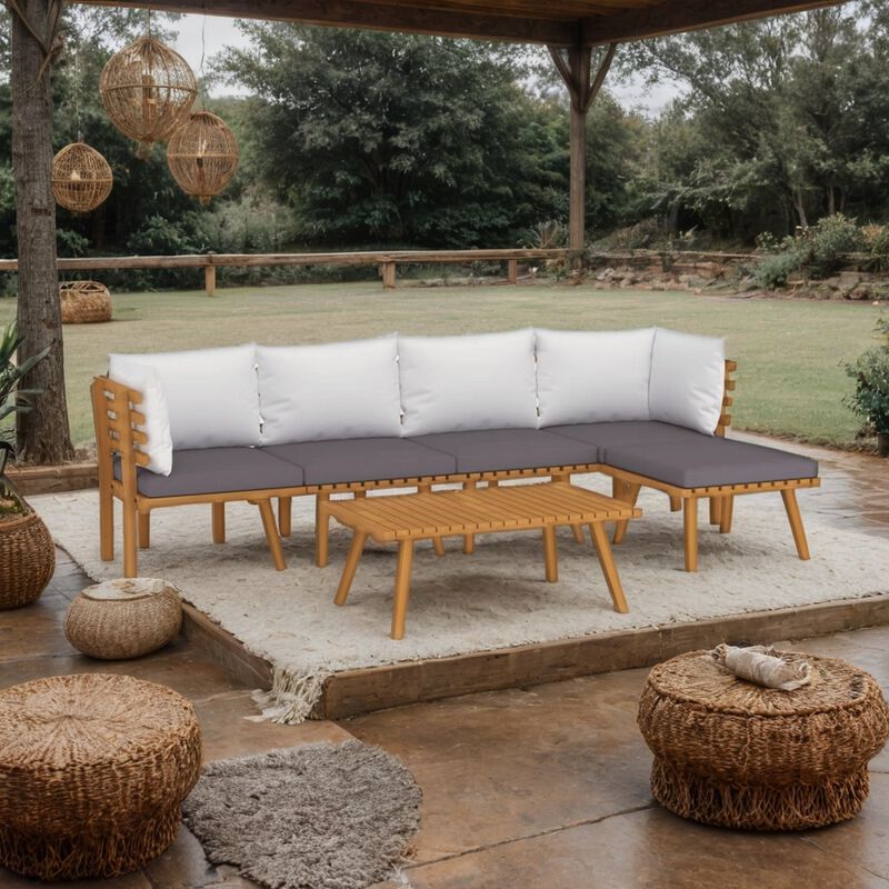 Roma 6pc Modular Outdoor Sofa and Table Set, Solid Wood, Gray, White - Benzara