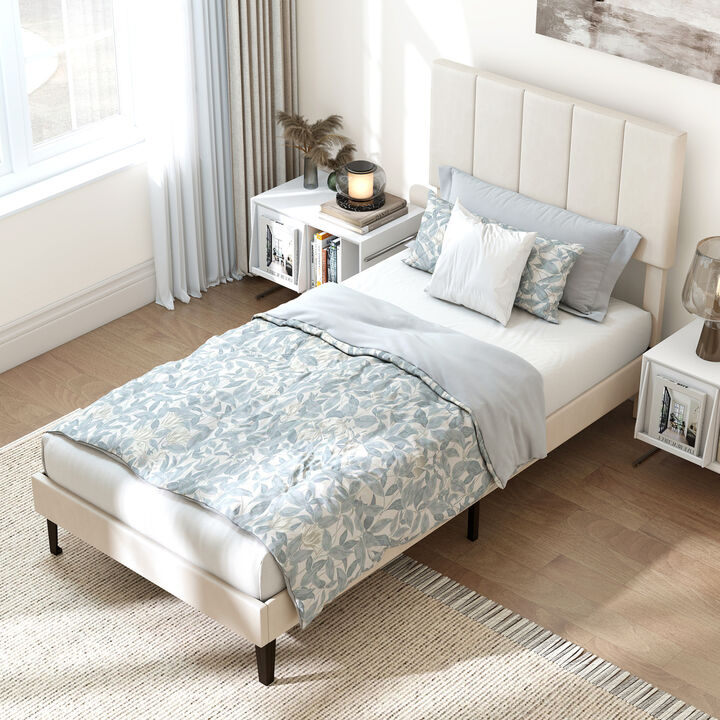 Velvet Platform Bed with Upholstered Headboard and Noise Free Design