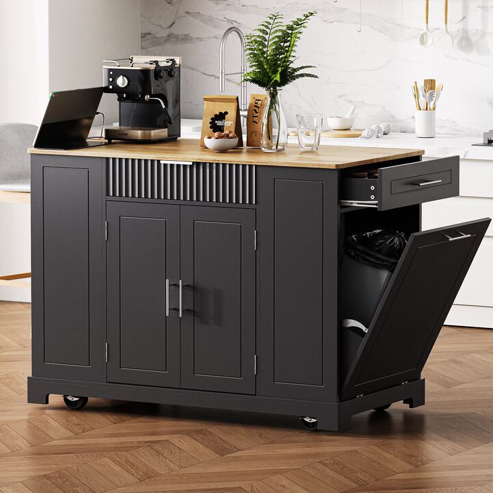 Merax Fluted Kitchen Island with Trash Can Storage Cabinet