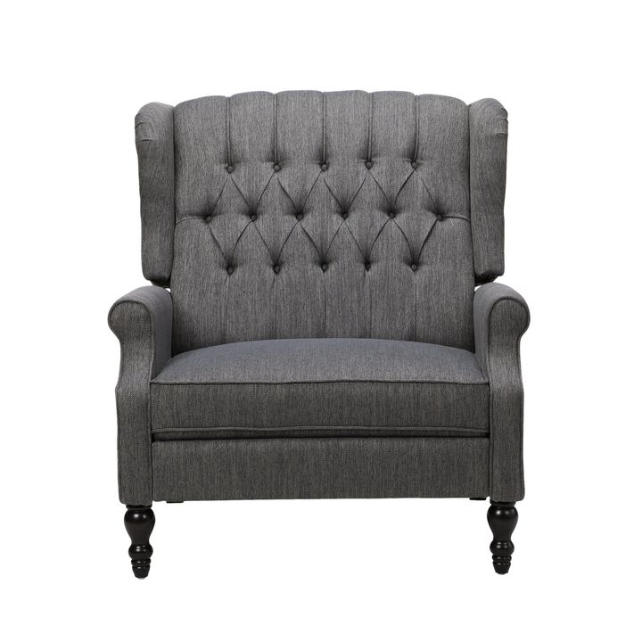 Jade Oversize Wide Chair Manual Recliner, Dark Gray Button Tuft - Benzara