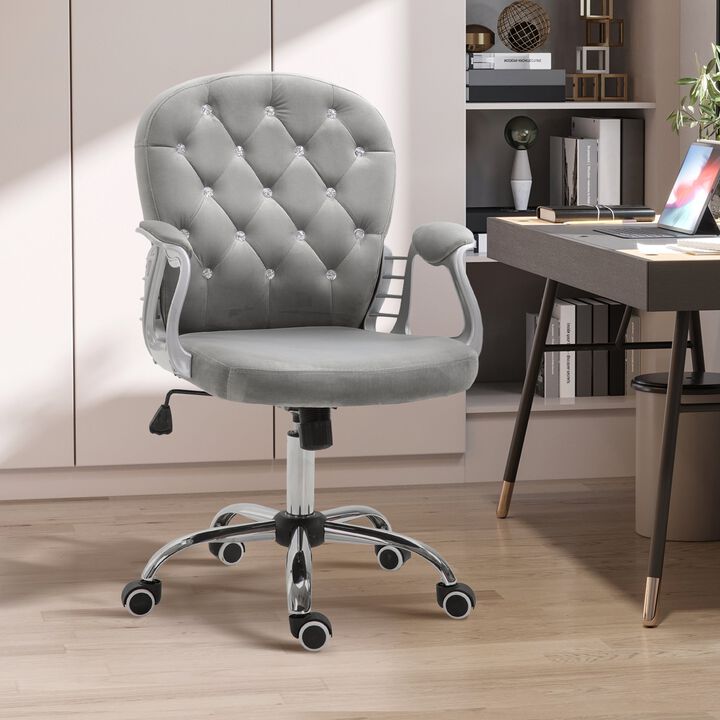 Swivel Chair Ergonomic Chair Middle Back Height Adjustable Office Chair Tufted Backrest Swivel Roller Task Chair with Faux Diamond, Grey