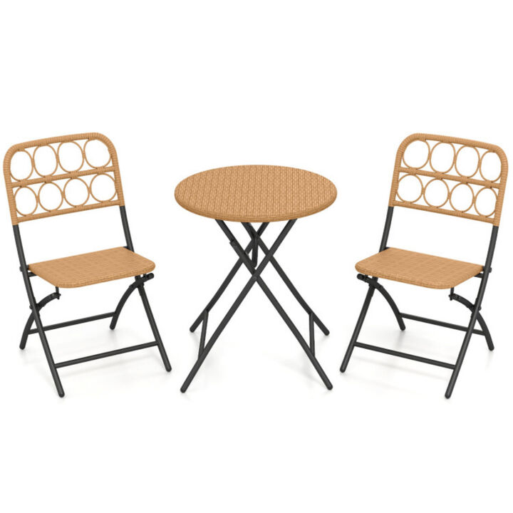 Folding Round Patio Table and Chairs 3 Piece Bistro Set with Wicker Seat