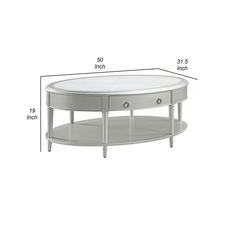 Kyna 50 Inch Coffee Table, Sintered Top, 1 Drawer, Classic Oval, Silver image number 4