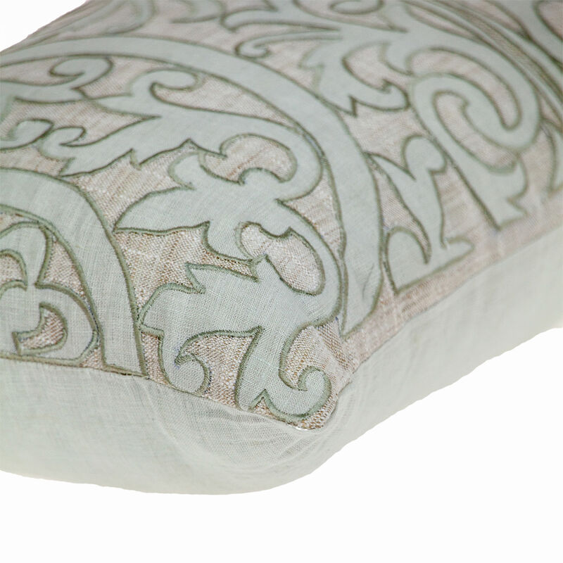 HomeRoots 14" X 24" Beige and Green Linen Lumbar Throw Pillow with Embroidery image number 2