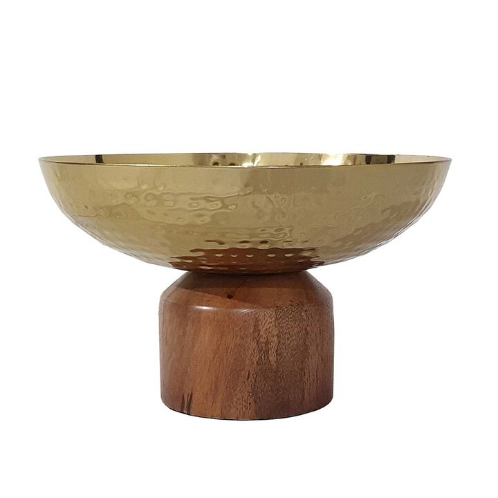 Roe 8 Inch Small Acacia Wood Table Bowl, Steel, Decorative, Gold and Brown - Benzara