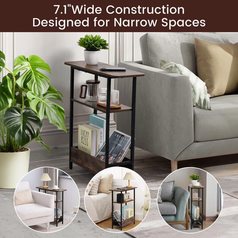Narrow Side Table for Small Spaces, 3-Tier Small End Table with Storage Shelf and Magazine Holder, Slim and Skinny Nightstand fo