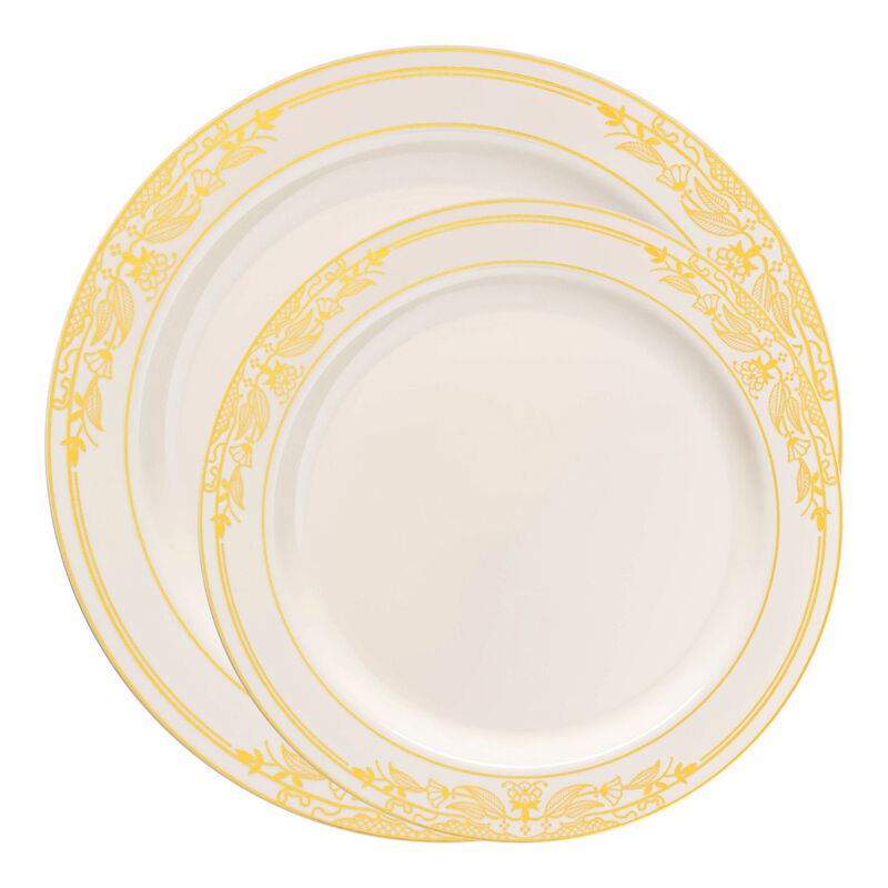 Ivory with Gold Harmony Rim Plastic Dinnerware Value Set (40 Sets) image number 0