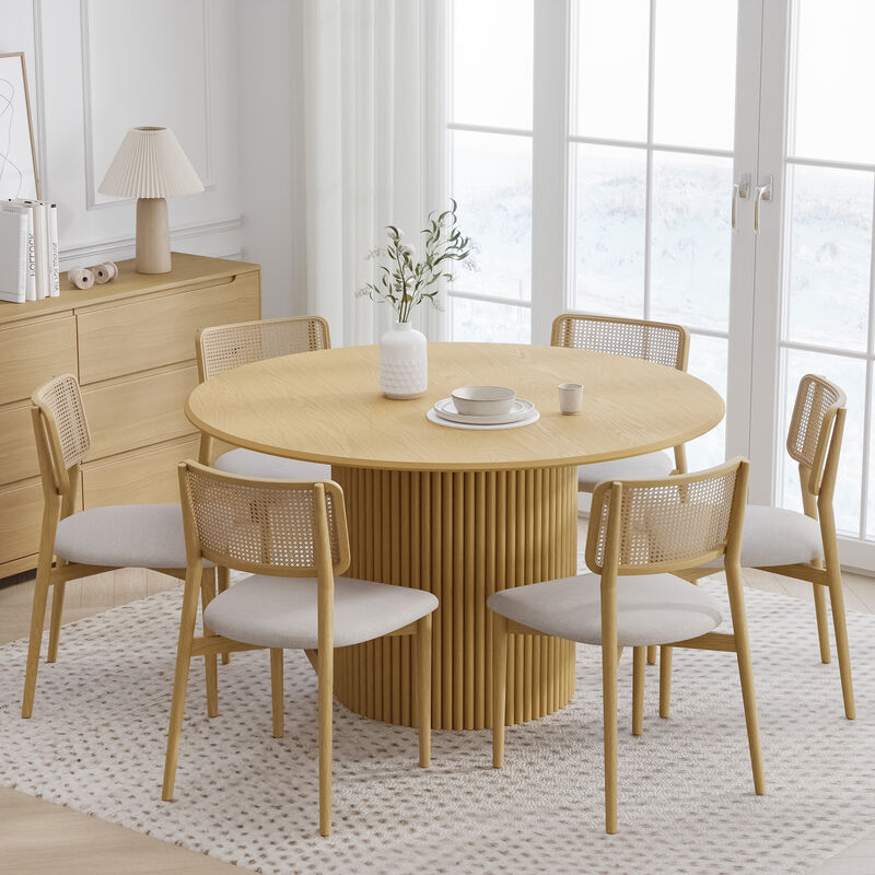 52 Inch Round Natural Wood Dining Table, Seats 4-6 People, Suitable for Living Room and Dining Room