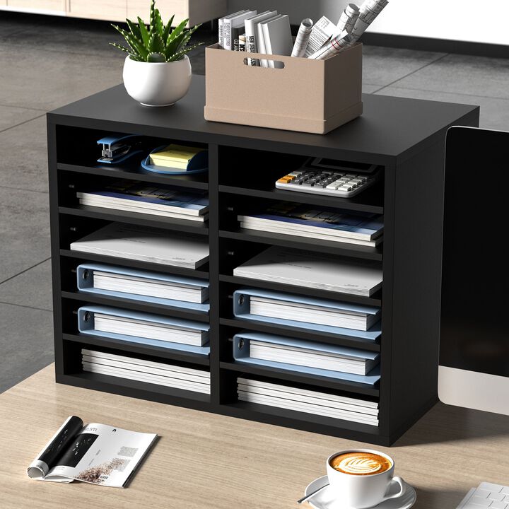Desktop Literature Organizer with 12 Storage Slots, Wood Mail Sorter for Home Office Supplies-Black