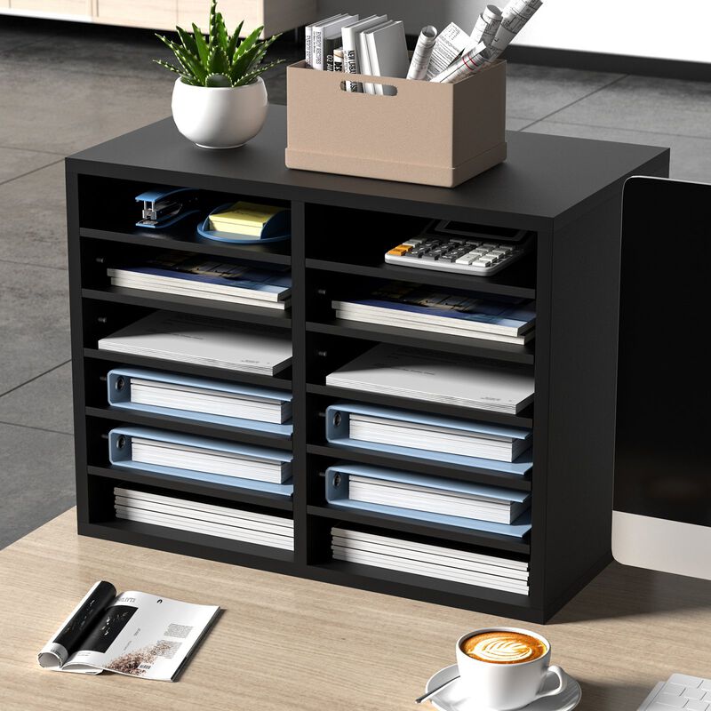 Desktop Literature Organizer with 12 Storage Slots, Wood Mail Sorter for Home Office Supplies-Black image number 1