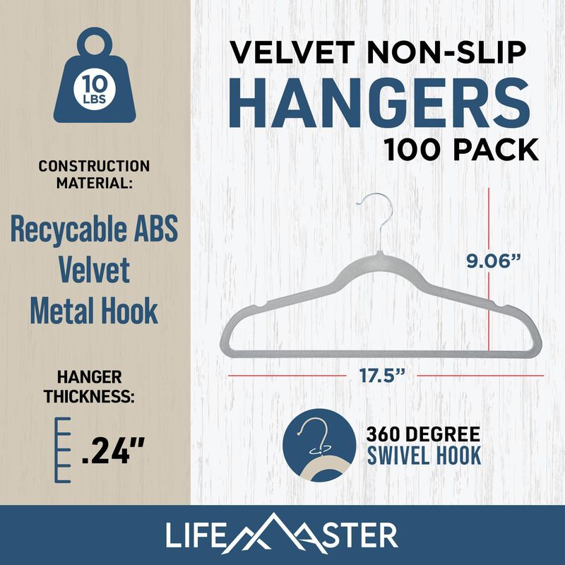 Velvet Non-Slip Hangers - 100 Pieces Non-slip Coat Hanger Set with 360&deg; Swivel Hook, Space-Saving, Sleek Design, Keep Closet Organized, Smooth Velvet Finish, Lightweight Construction - Gray image number 1