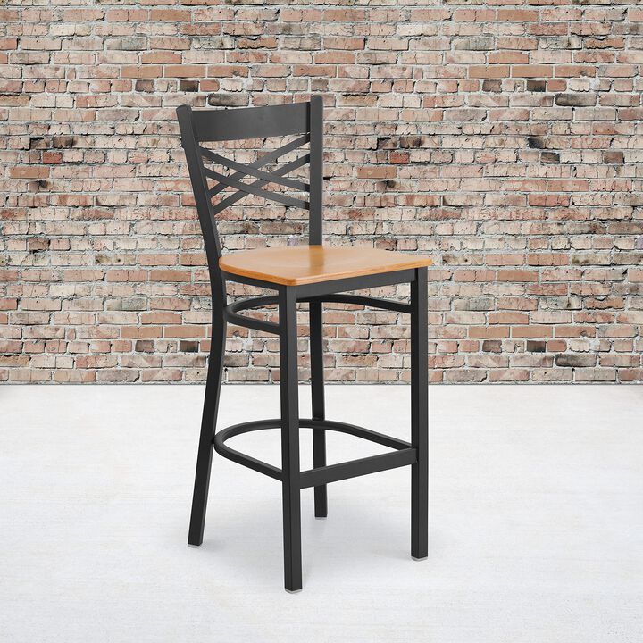 Flash Furniture HERCULES Series Black ''X'' Back Metal Restaurant Barstool - Natural Wood Seat