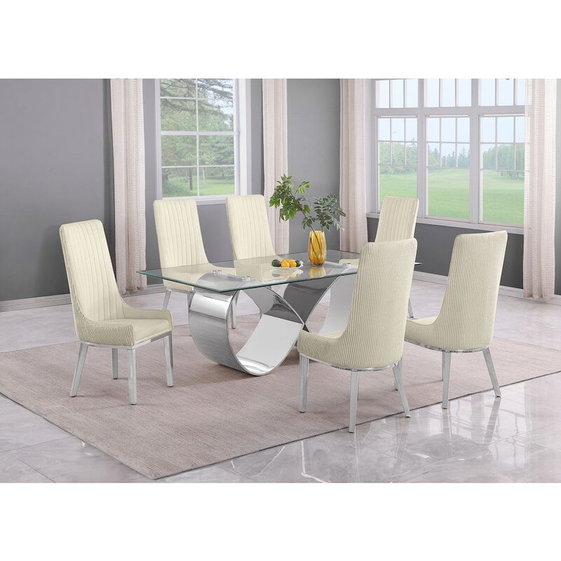 Best Quality Furniture 7Pc Tempered Glass Dining Set With 6 Cream Boucle Side Chairs And A Silver Base