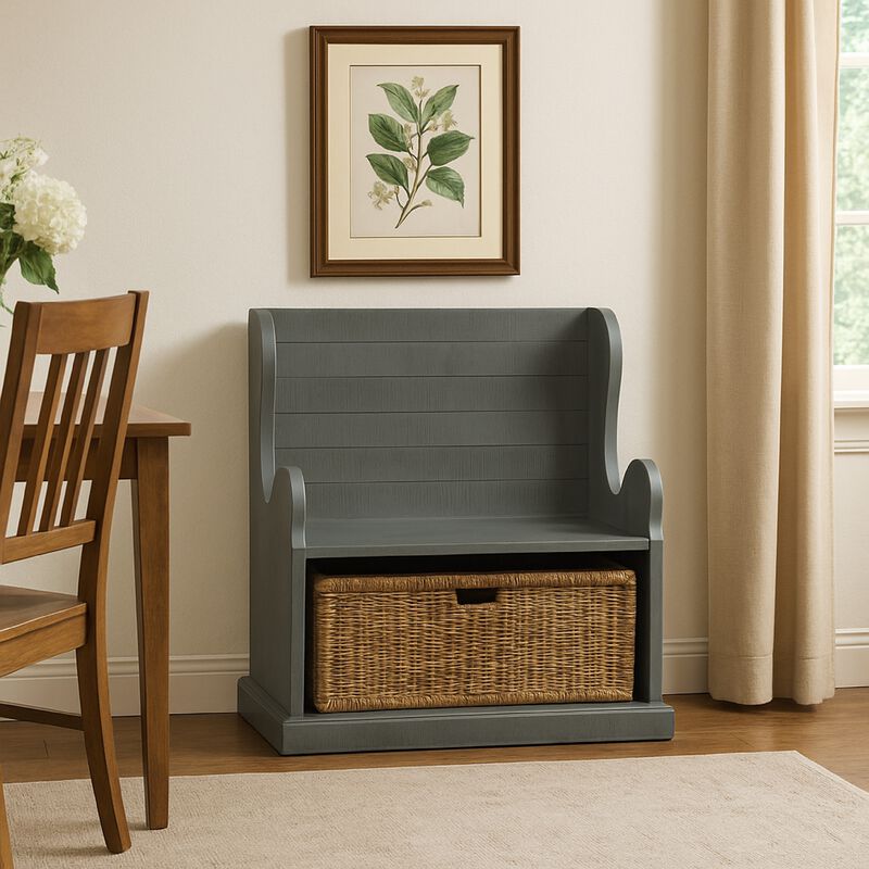 Eulie Hall Foyer Bench Seat w Rattan Basket, Rustic Blue Mahogany Wood - Benzara