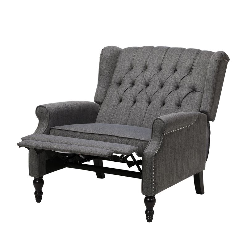 Jade Oversize Wide Chair Manual Recliner, Dark Gray Button Tuft - Benzara