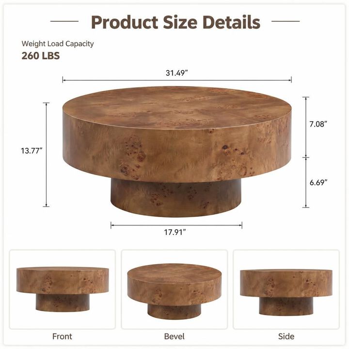 GOODSILO Round Mid-Century Modern Coffee Table with Burl Wood Veneer and Sturdy Pedestal for Small Living Spaces, Apartments and Home Offices