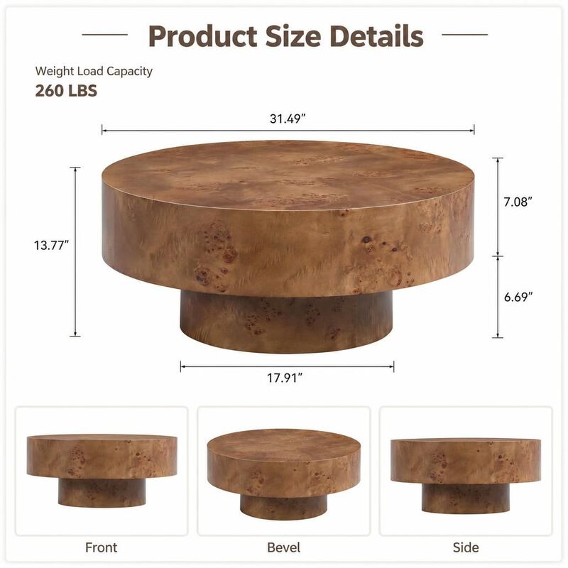 GOODSILO Round Mid-Century Modern Coffee Table with Burl Wood Veneer and Sturdy Pedestal for Small Living Spaces, Apartments and Home Offices image number 1