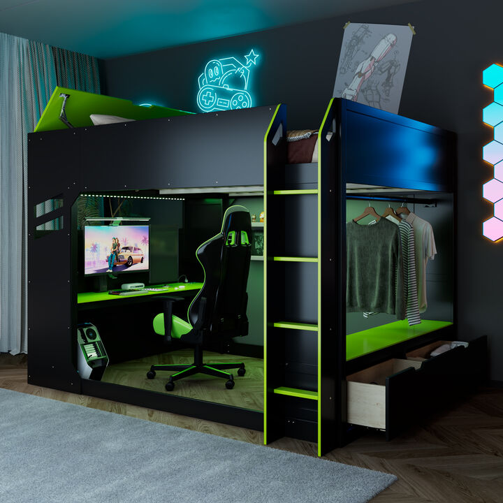 Merax Full Size Wood Loft Bed with Adjustable Desk, RGB Light, Storage Cabinet
