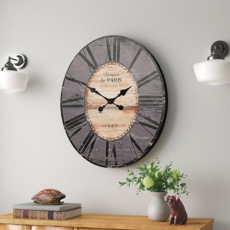 Hivvago Gray Oversized Distressed Paris Wood Wall Clock