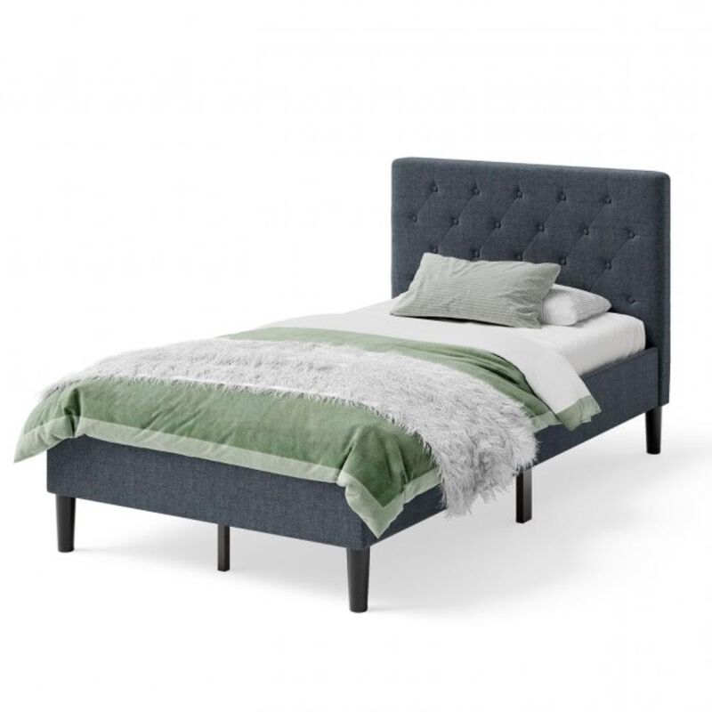 Hivvago Twin Size Grey Upholstered Button Tufted Headboard Platform Bed