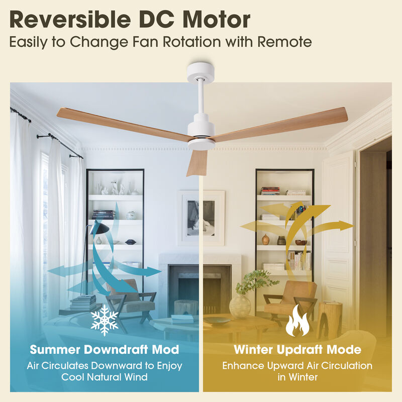 52" Modern 3-Blade Ceiling Fan with Reversible DC Motor, 6-Speed, Remote Control, No Light
