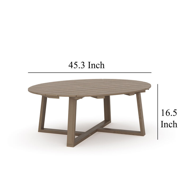 Azy Outdoor Coffee Table, 45 Inch Oval Natural Brown Solid Wood Top - Benzara
