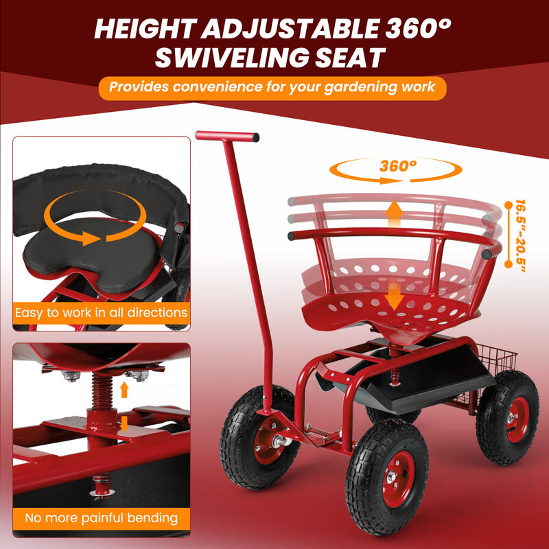 Portable Garden Seat Cart with Wheels, Swivel Function, and Tool Storage