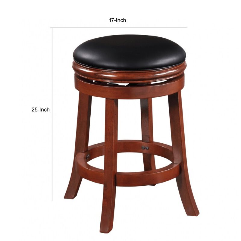 Sabi 24 inch Swivel Counter Stool, Solid Wood, Faux Leather, Brown, Black - Benzara