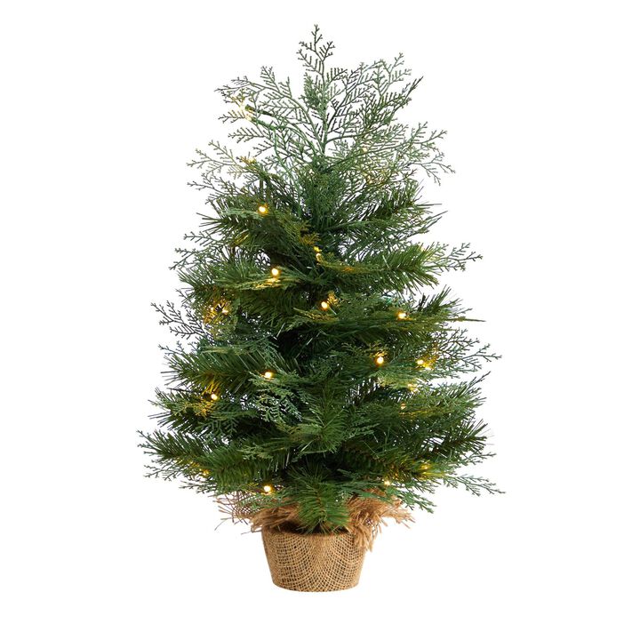 Nearly Natural 2-ft Artificial Christmas Tree in Burlap Base with 35 Warm White LED Lights