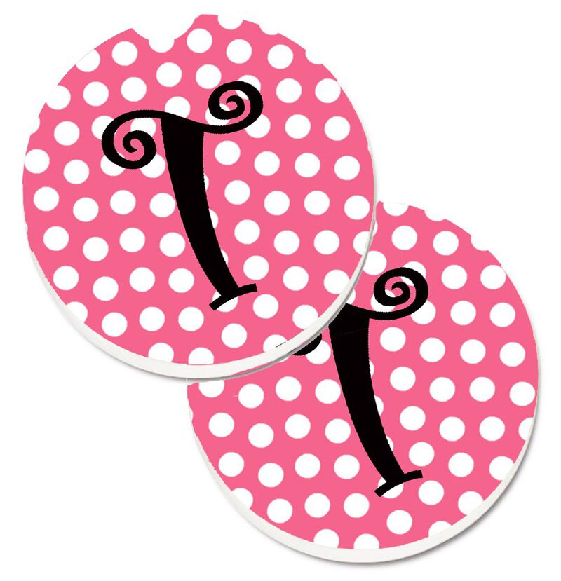 Caroline's Treasures Letter T Monogram - Pink black Polka Dots Set of 2 Cup Holder Car Coasters CJ1001-TCARC, 2.56, Multicolor