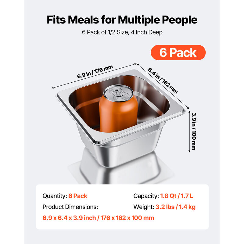 VEVOR 1/6 Size Hotel Pans Steam Table Pans 4 Inch Deep Stainless Steel 6 Pack