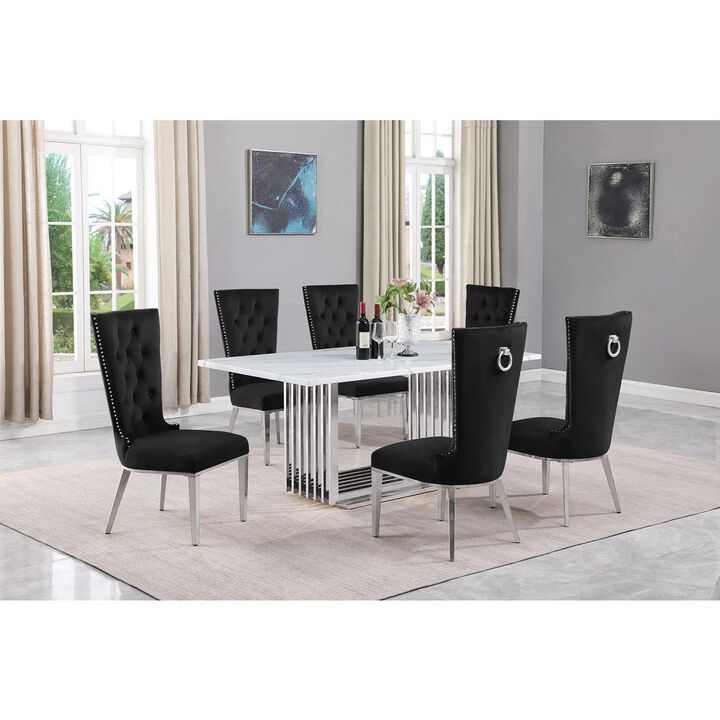 7pc Small(68") marble top dining set with silver base and 6 Black side chairs