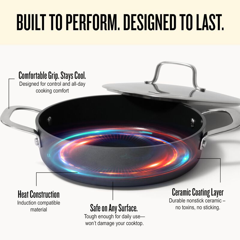 Alva Maestro Ceramic Nonstick Saute Pan Skillet with Lid 9.5" 3.5 Qt. Stay Cool Handle, Scratch Resistant Healthy Cooking Pan, Non Toxic, Compatible with All Stovetops, Oven Safe, Induction Safe