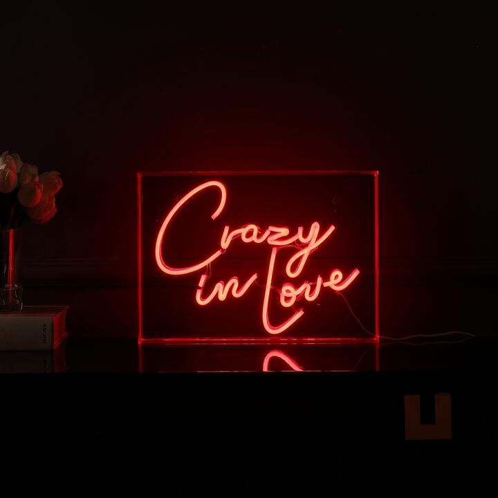 Crazy In Love 14" X 10" Contemporary Glam Acrylic Box USB Operated LED Neon Light, Red