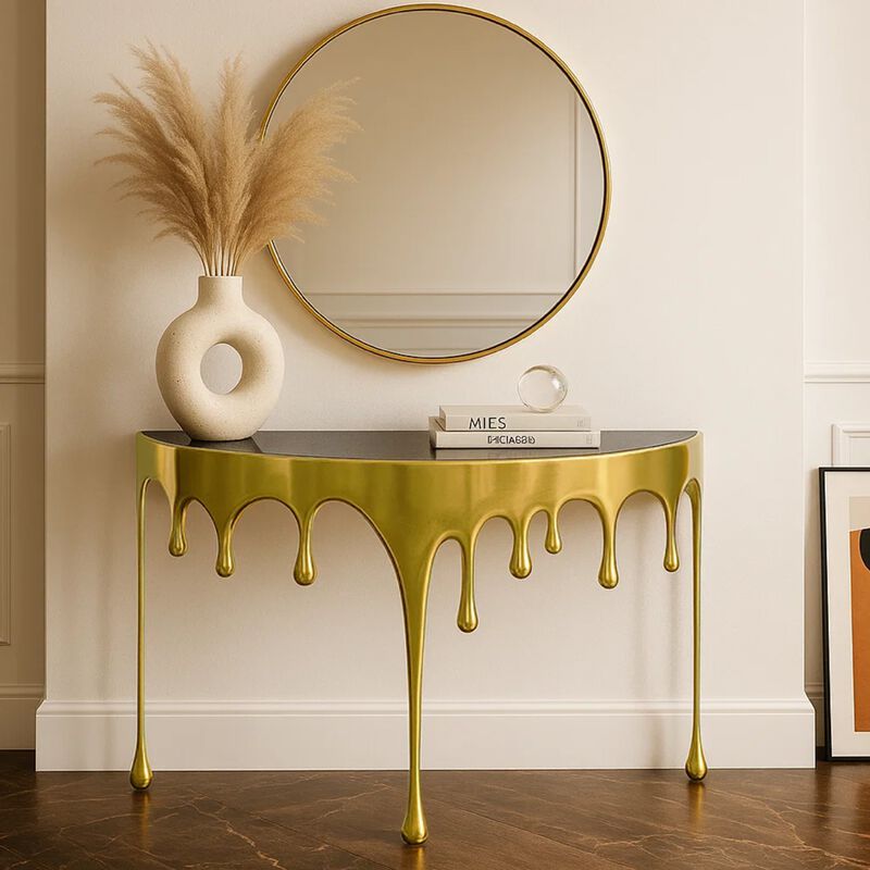 Capri Sofa Console Table | 36.25" Half Moon Glass Top | Melting Drip Design | Aluminum Cast | Antique Gold