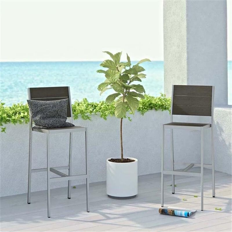 Modway Shore Outdoor Patio Aluminum Set of 2 Armless Bar Stool in Silver Gray image number 1