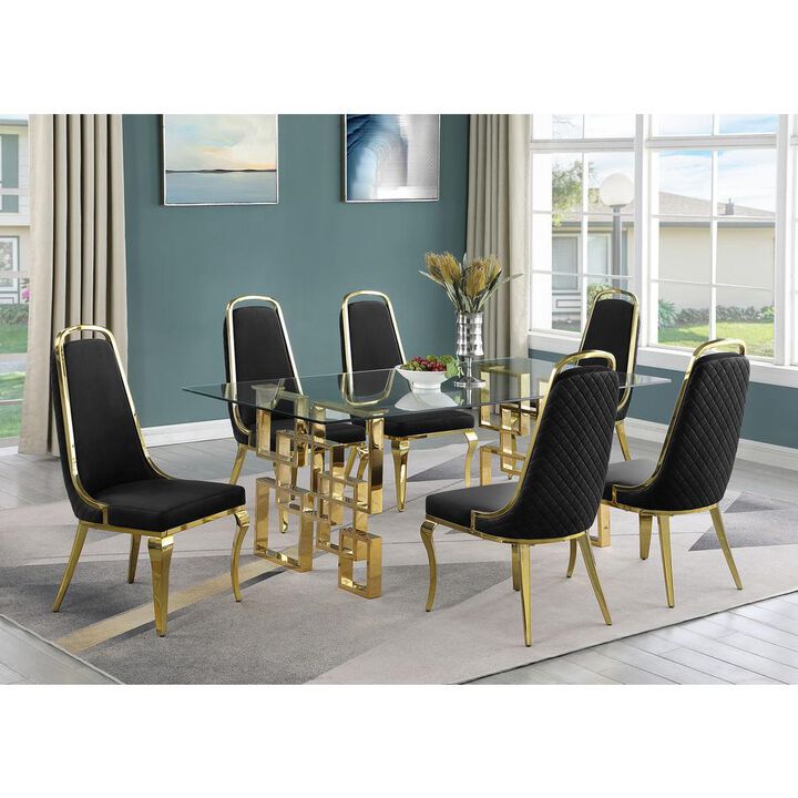 7-piece glam dining set with 6 Black side chairs and one 79" glass dining table