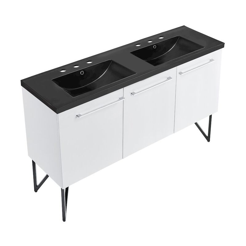 60 in. White, Double Basin Bathroom Vanity, Black, 3-Hole Sink Top image number 5