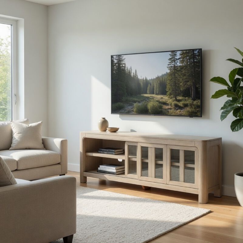 Pira TV Stand Media Console, 2 Glass Door Cabinets, Brown Wood 71 Inch image number 8