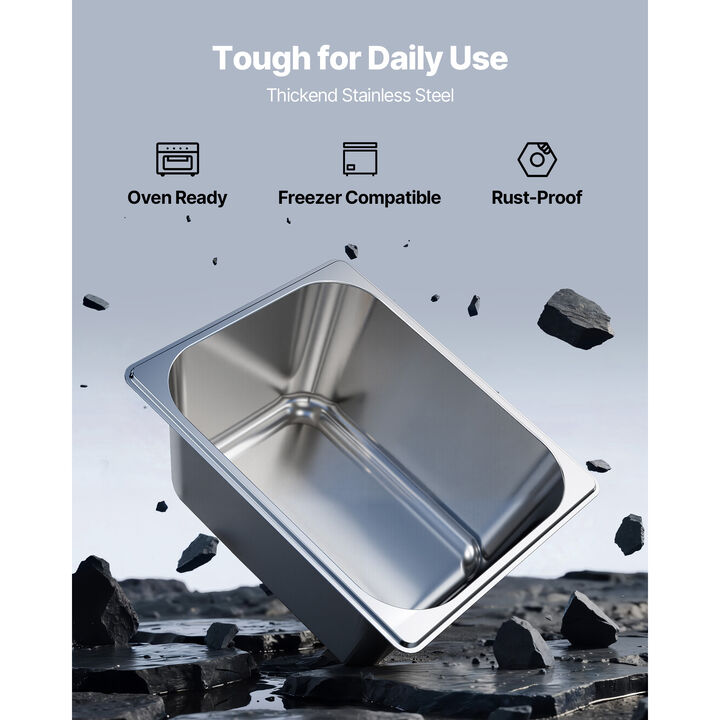 VEVOR 1/2 Size Hotel Pans with Lids Steam Pans 6" Deep Stainless Steel 2 Pack