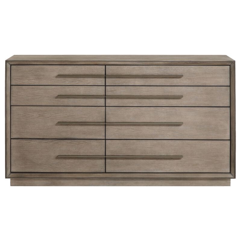 Lyni Wide Dresser, 8 Storage Drawers, Open Shelf, Washed Oak Brown - Benzara